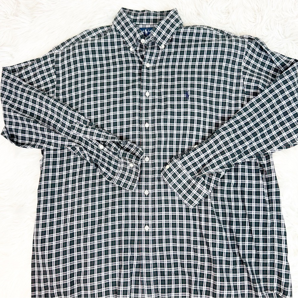 RALPH LAUREN BLAKE NAVY GREEN PLAID BUTTON FRONT LONG SLEEVE SHIRT MENS LARGE